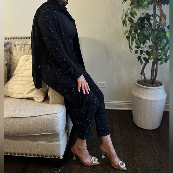 Studded Black Formal Events Wedding Women's Ankle Pant Set with Belt - Picture 3 of 4